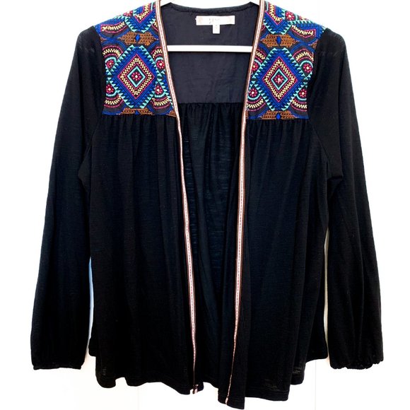 ezra Tops - ezra loose-fit black cardigan geo print 3/4 sleeve